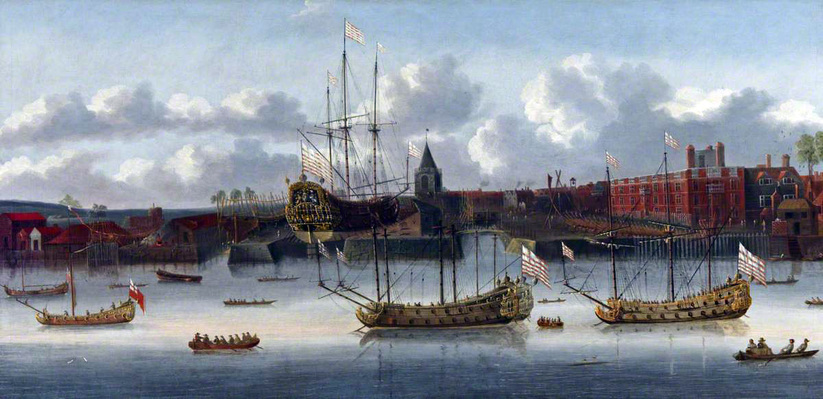 Deptford Yard in 1660 with a large Indiaman on one of the two slips (NMM)